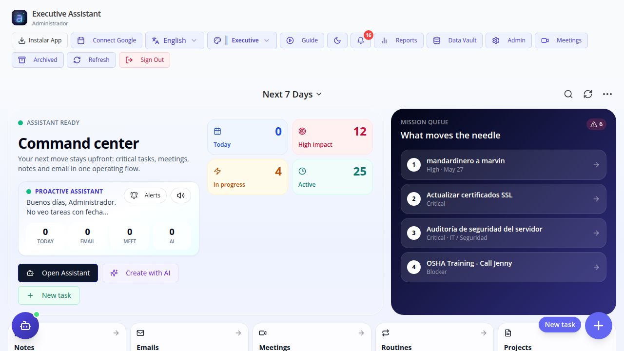 Executive Assistant main dashboard with Kanban task board