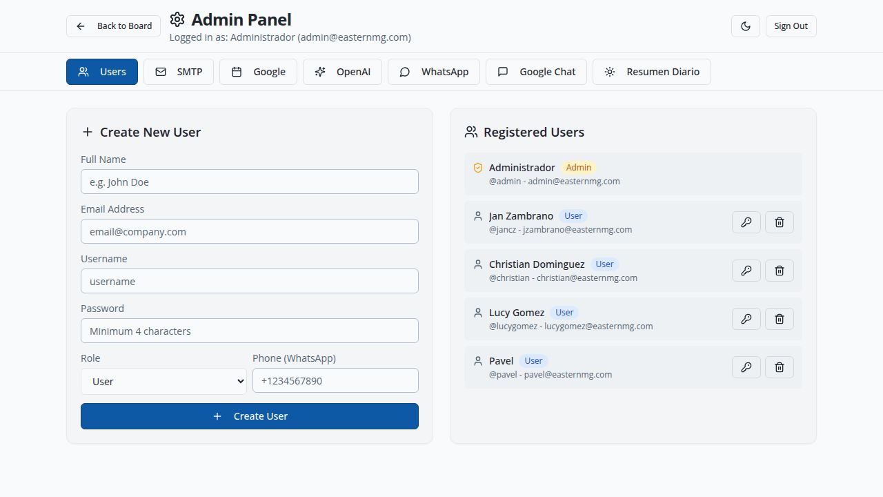 Executive Assistant admin panel — configure users, integrations and AI