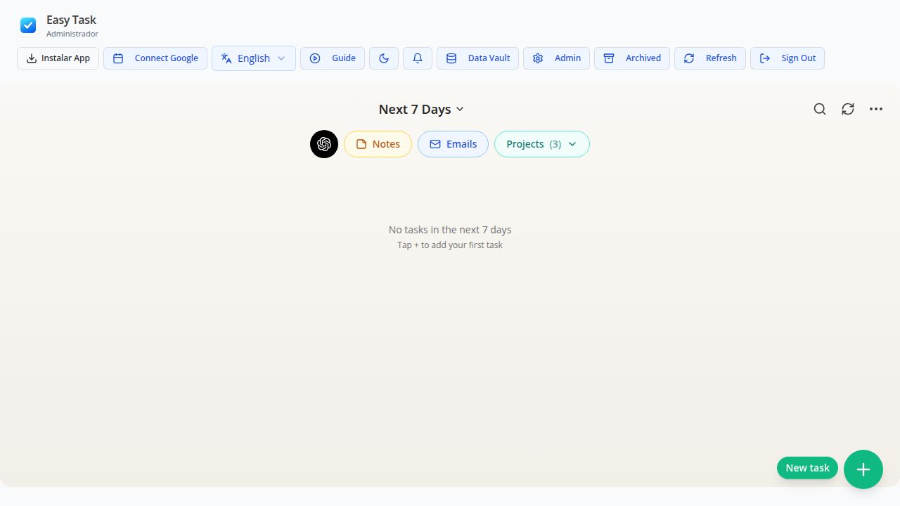 Executive Assistant main workspace with AI, tasks and projects